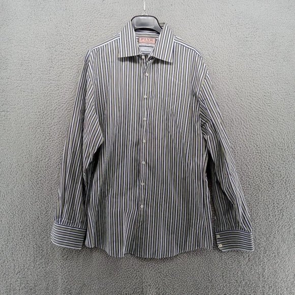 Thomas Pink Shirt Mens 17 Blue Green Striped Slim Fit Woven Jermyn Street London - Picture 1 of 10